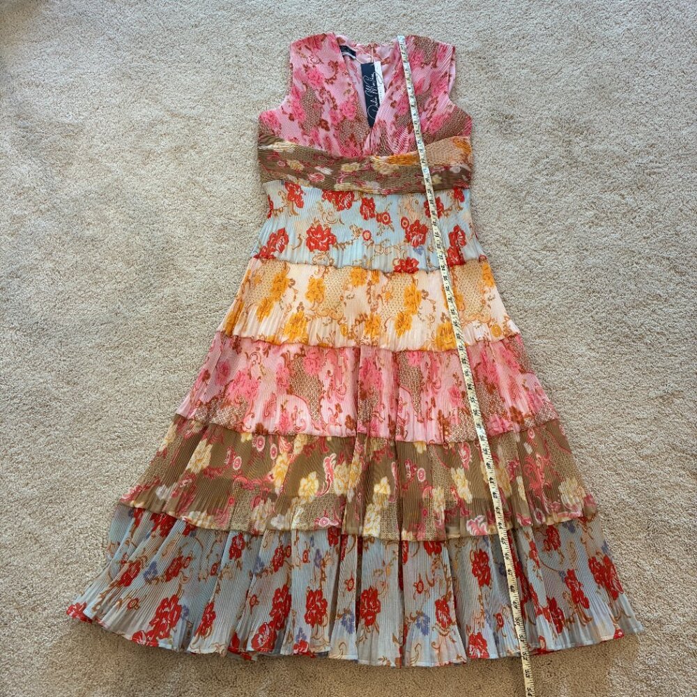 NEW Dalia MacPhee Floral Pastel Multi V-Neck Pleated Midi Dress Pink Size L - Picture 15 of 15
